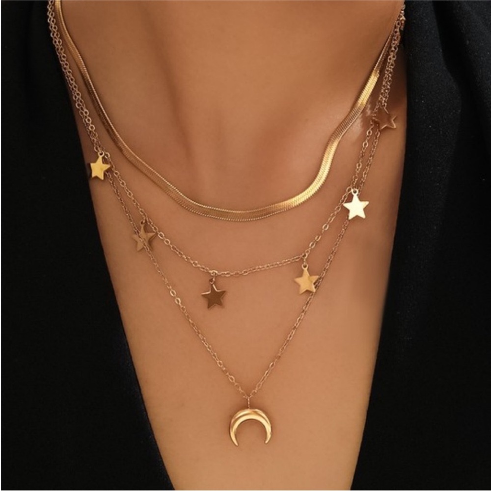18k Gold Plated Stars & Crescent Moon Pendant Layered Necklace